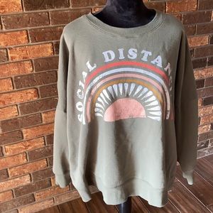 Size 2X olive green social distancing sweatshirt with rainbow